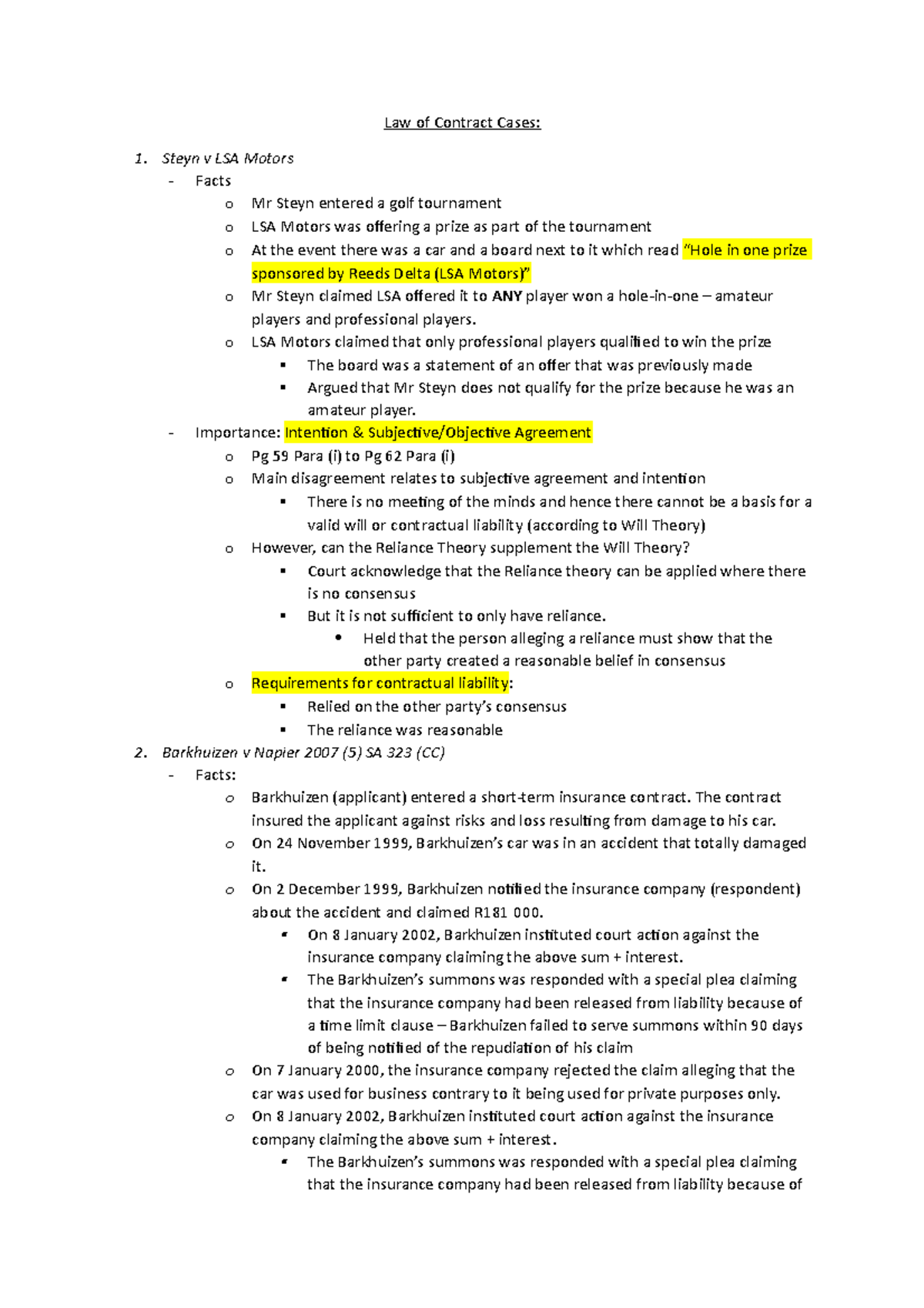 Cases Law Of Contract For Intermediate Law Of Contract Cases 1 Steyn V Lsa Motors Facts O Cases Law Of Contract For Intermediate Law Of Contract Cases 1 Steyn V Lsa Motors Facts O