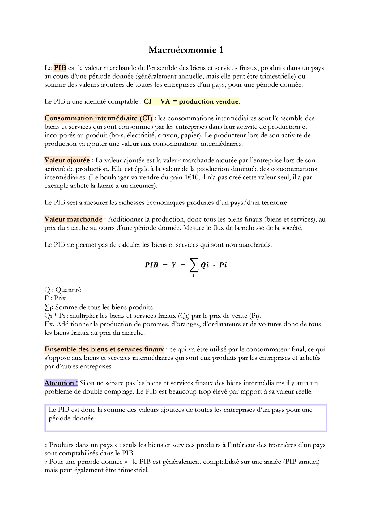 Macroéconomie 1 - Résumé - Macroéconomie 1 Le PIB Est La Valeur ...