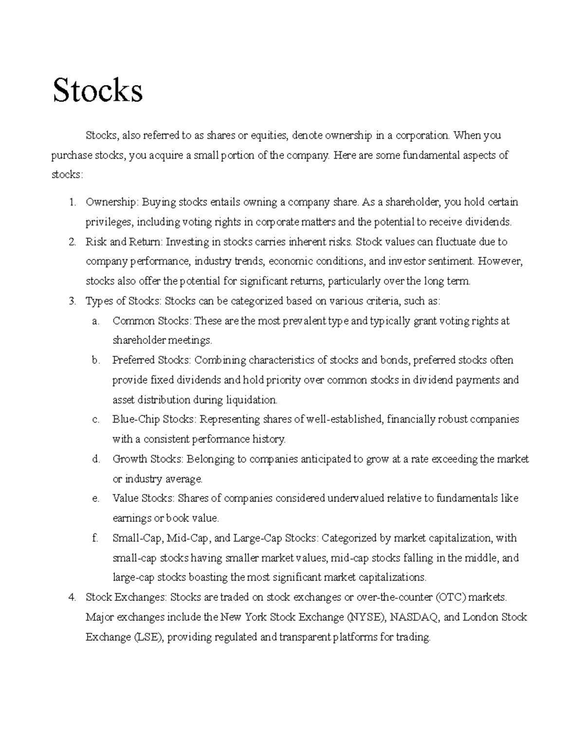 Stocks - Summary Financial Markets - Stocks Stocks, also referred to as ...