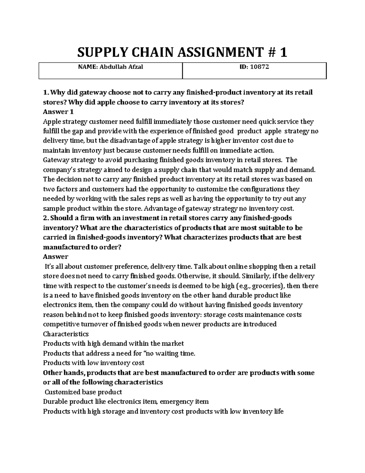 Abdullah Afzal 10872 Supply Chain - SUPPLY CHAIN ASSIGNMENT # 1 NAME ...