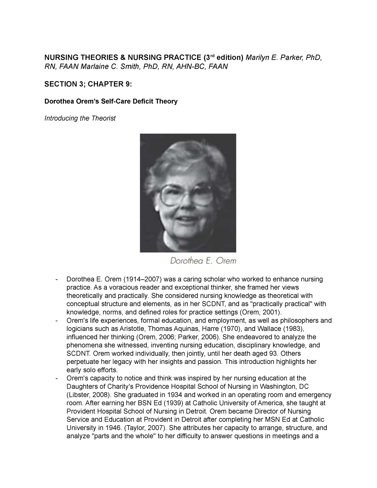 Dorothea Orem - Lecture notes for TFN - NURSING THEORIES & NURSING ...