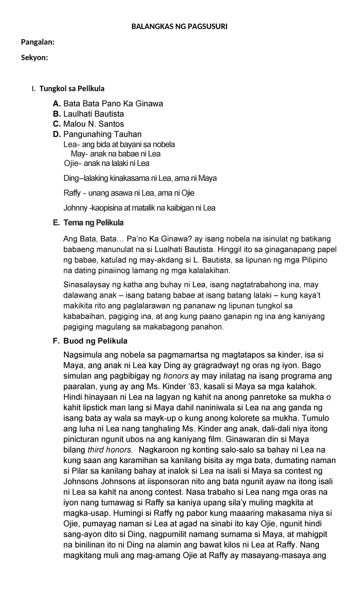 Balangkas NG Pagsusuri - BALANGKAS NG PAGSUSURI Pangalan: Sekyon: I ...