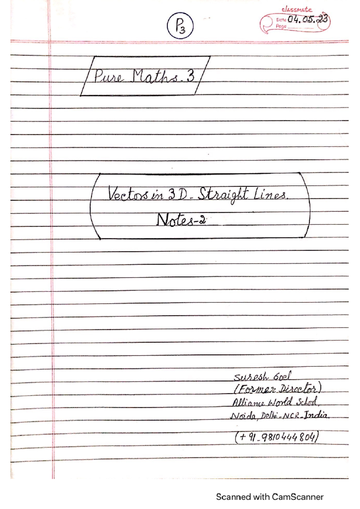 P3 vectors in 3d straight line notes 2 - classmate P3 Date 04.05 Page ...