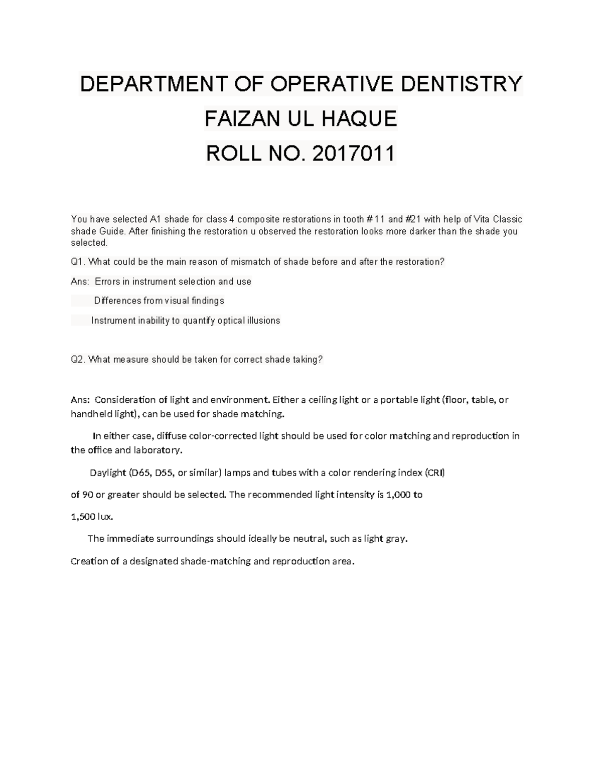 Faizan 011 Color Shade - none - DEPARTMENT OF OPERATIVE DENTISTRY ...