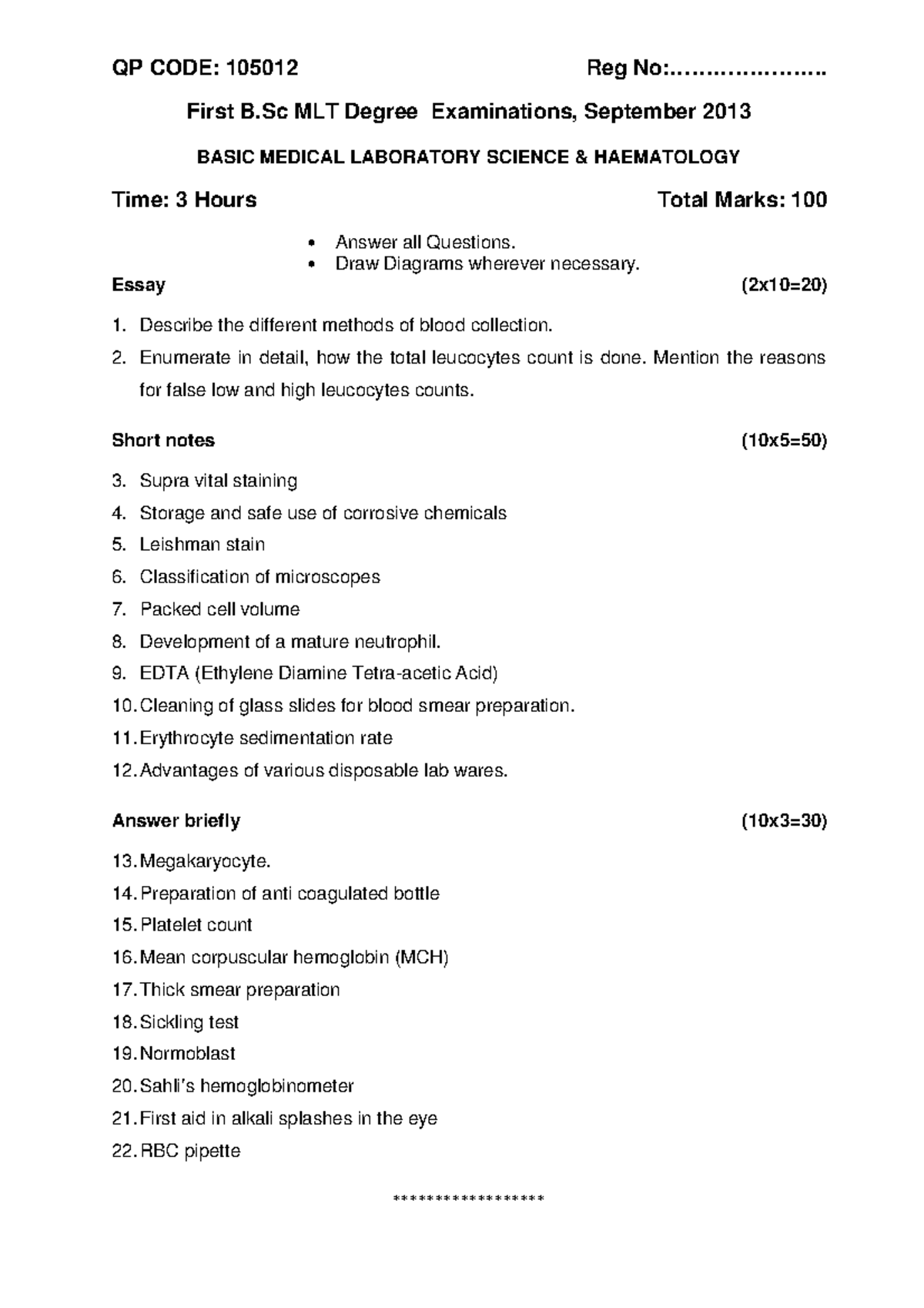 Kuhs First Bsc Mlt Exam Question Paper September 2013 Basic Medical ...