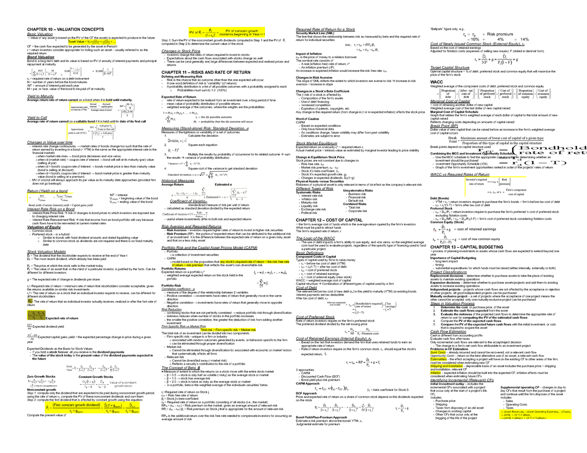 Cheatsheet Semester 2 - V2 - ^ CHAPTER 10 – VALUATION CONCEPTS Basic ...