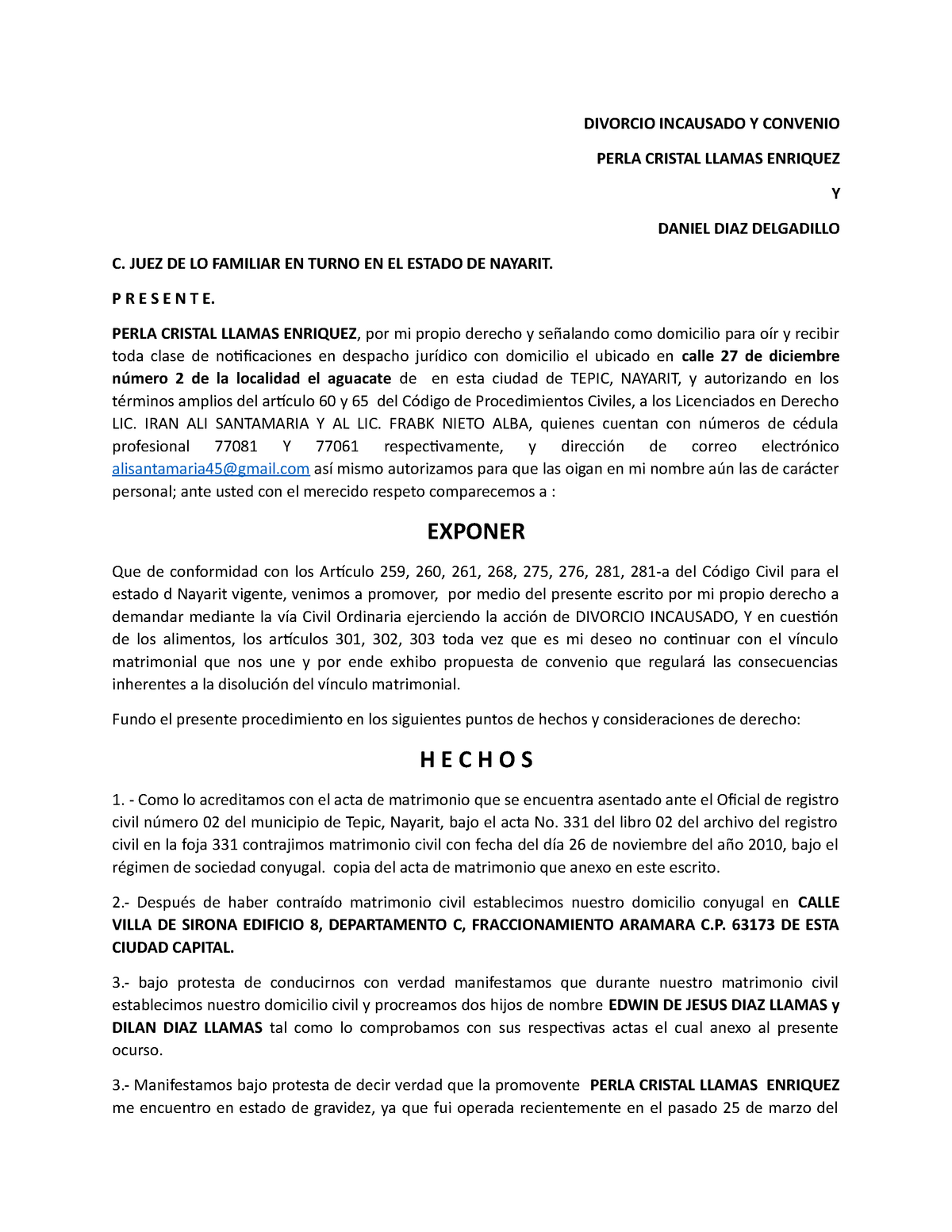 Divorcio Incausado Y Convenio - DIVORCIO INCAUSADO Y CONVENIO PERLA CRISTAL  LLAMAS ENRIQUEZ Y DANIEL - Studocu