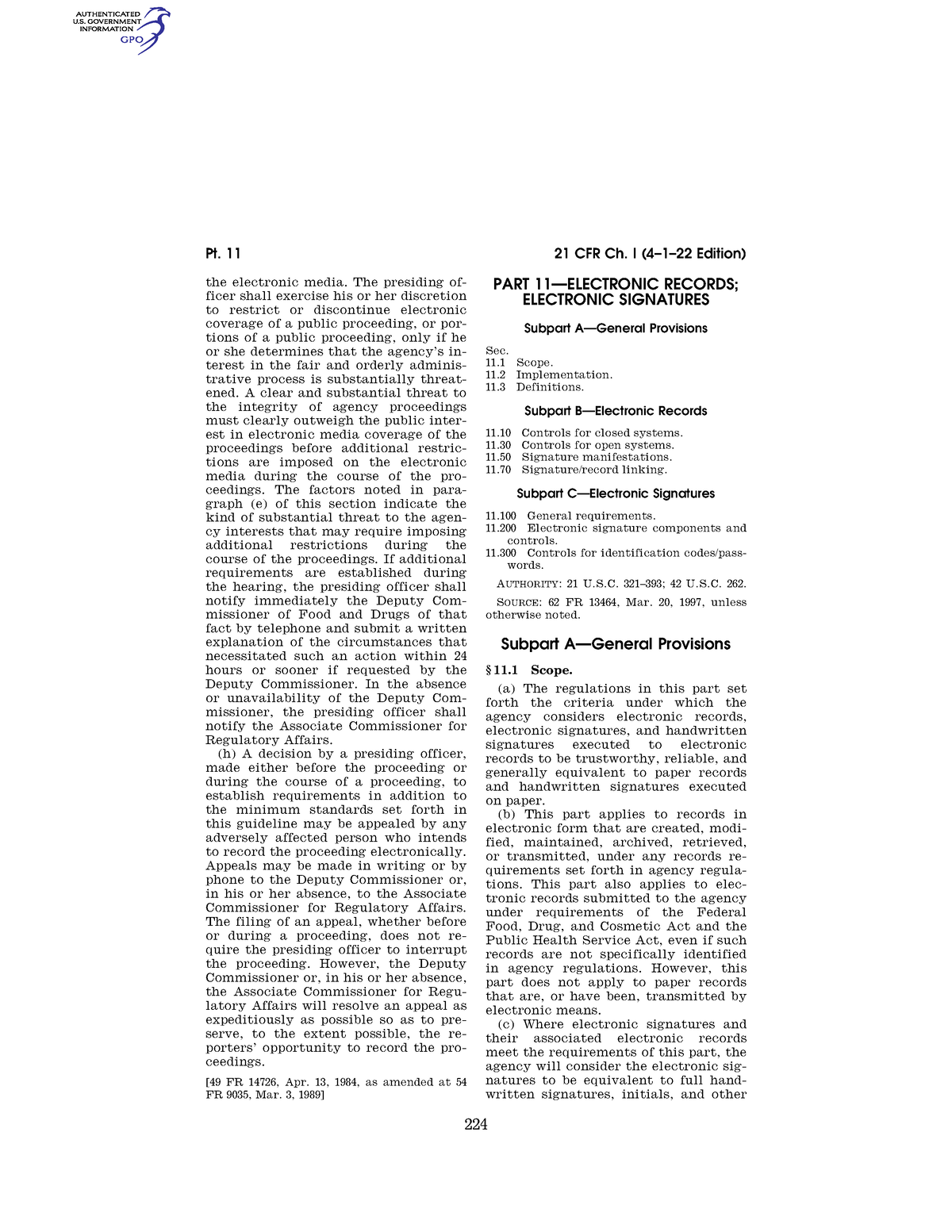 CFR 2022 Title 21 Vol1 Part11 - 224 Pt. 11 21 CFR Ch. I (4–1–22 Edition ...