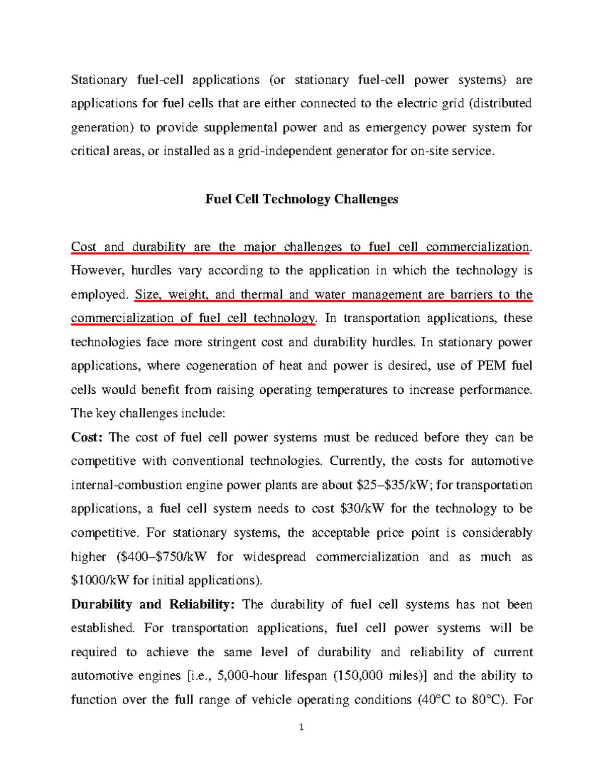 Class Lecture 14 - Fuel Cell technology challenges - 1 Stationary fuel ...