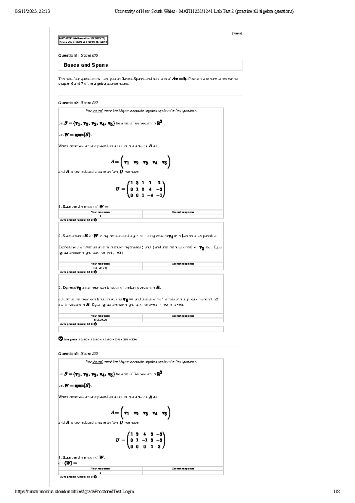 Lab test 2 (Algebra) - [PRINT] MATH1231 Mathematics 1B 2023 T3, Emma Wu ...