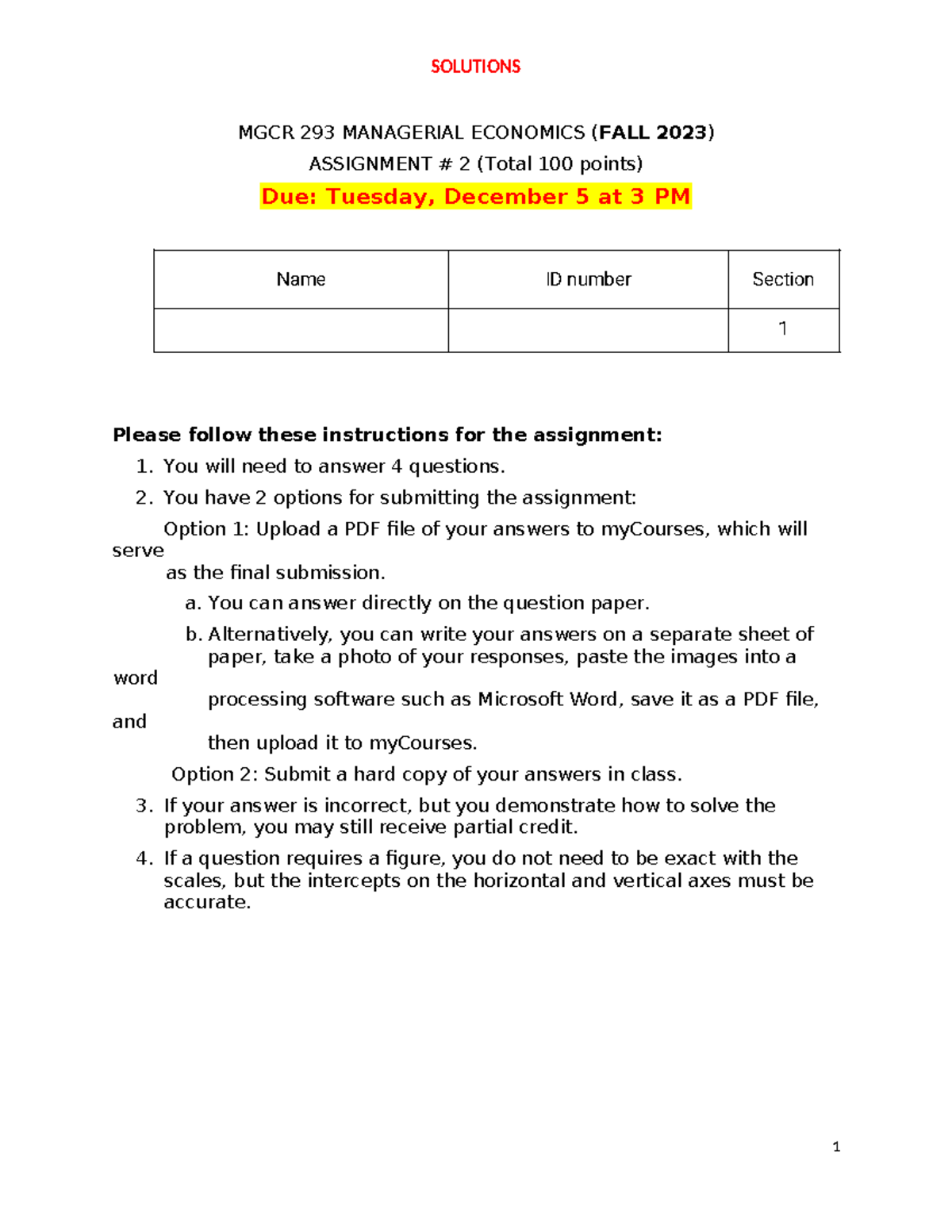 F2023MGCR293 Assignment 2 Sol - MGCR 293 MANAGERIAL ECONOMICS (FALL ...