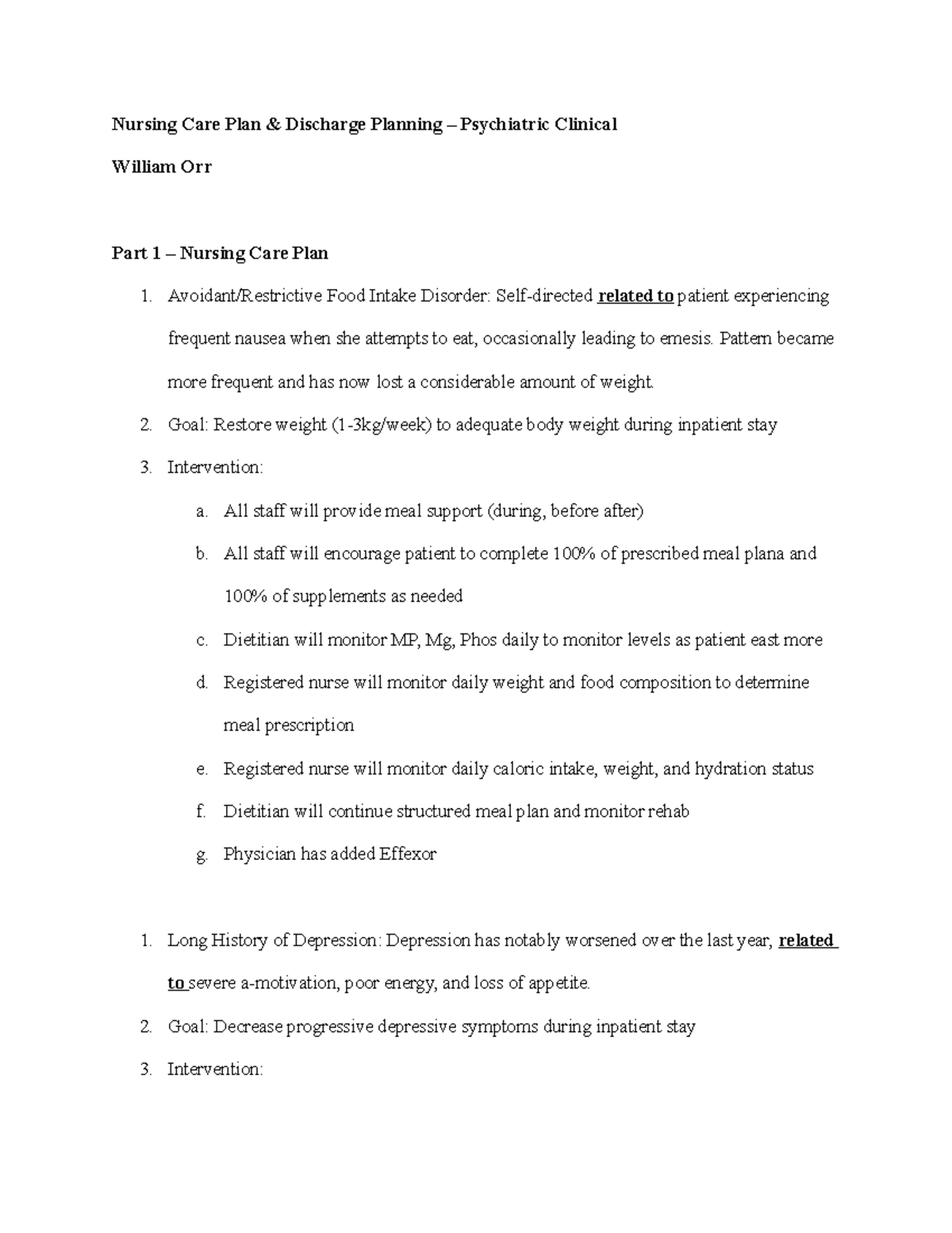 Nursing Care Plan & Discharge Planning - Psychiatric Clinical - Nursing ...