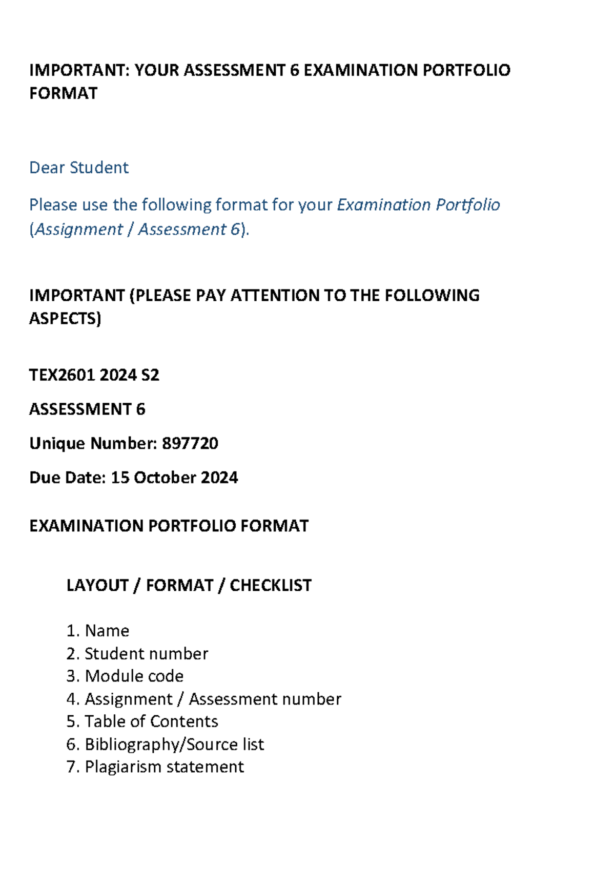TEX2601 2024 S2 EXAM Portfolio Format - IMPORTANT: YOUR ASSESSMENT 6 ...