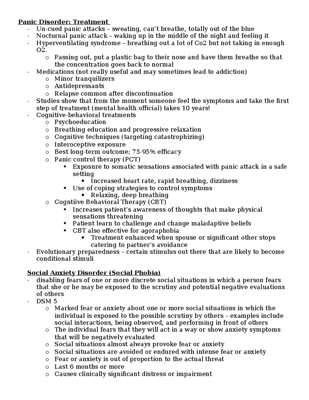 Lecture 9 Notes - Panic Disorder: Treatment - Un-cued panic attacks ...
