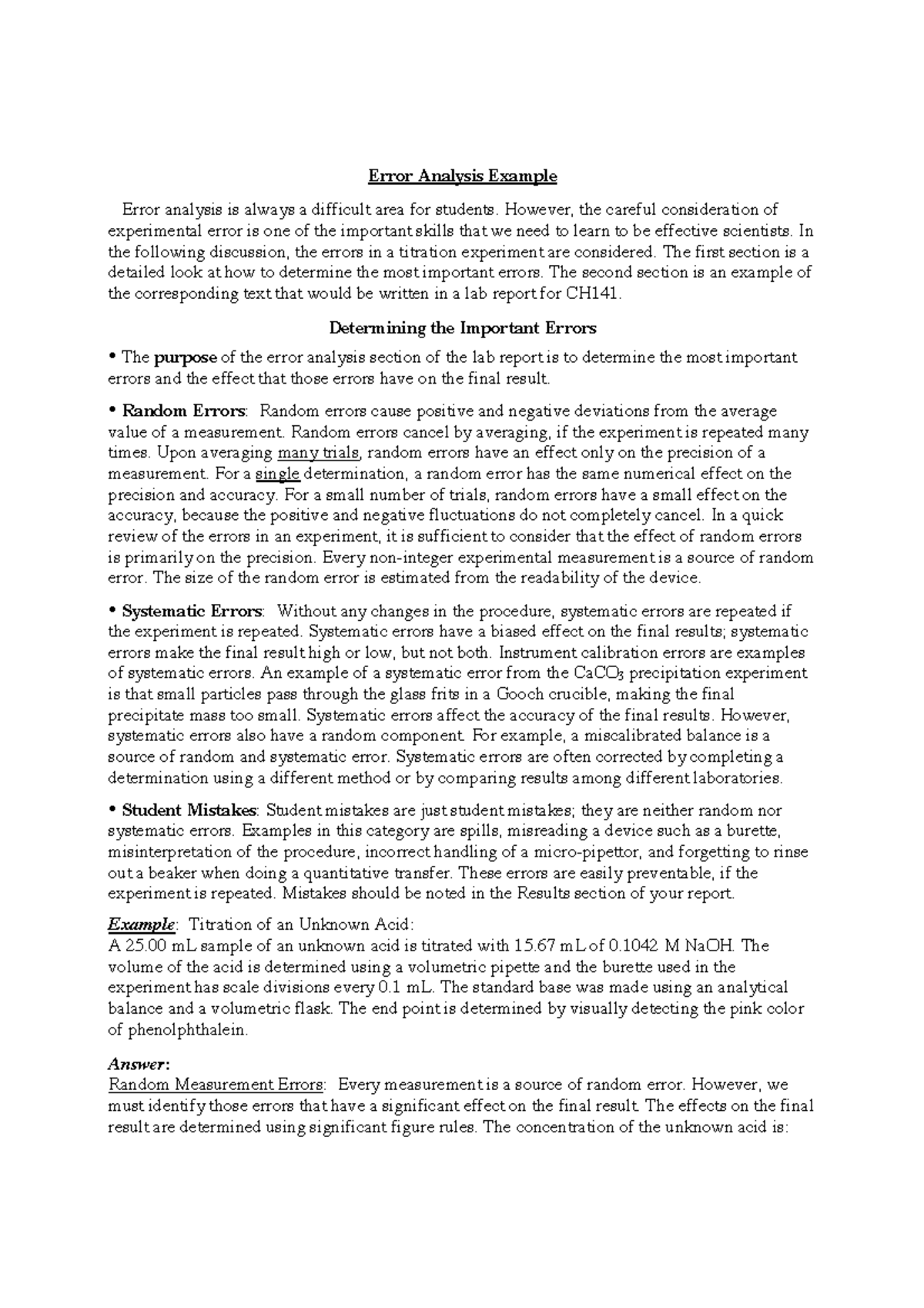 Error Analysis Example In Titration Chem 3300 Studocu