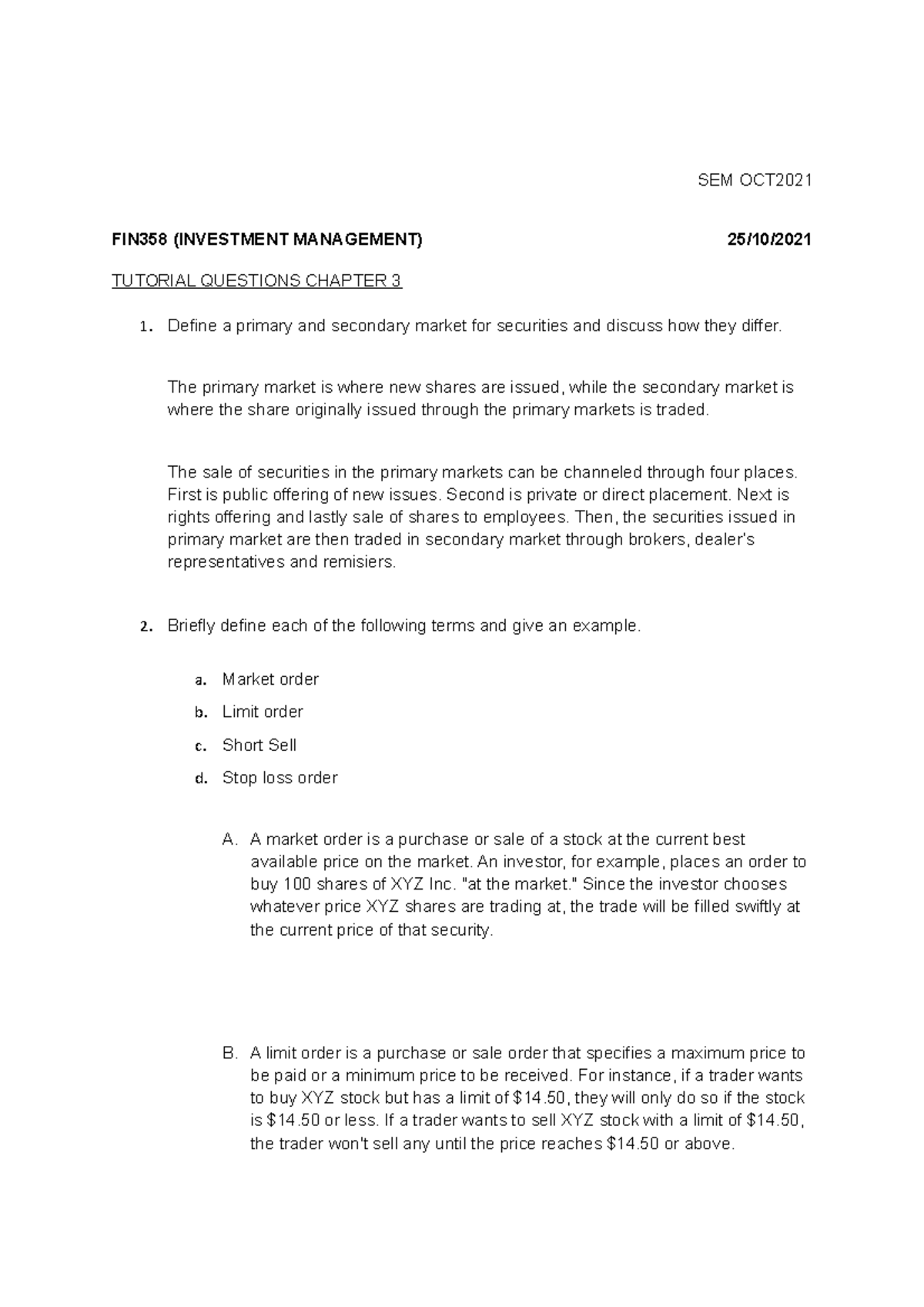 Fin358 My Summary For Chapter 3 , Enjoy - Sem Oct Fin358 (investment 