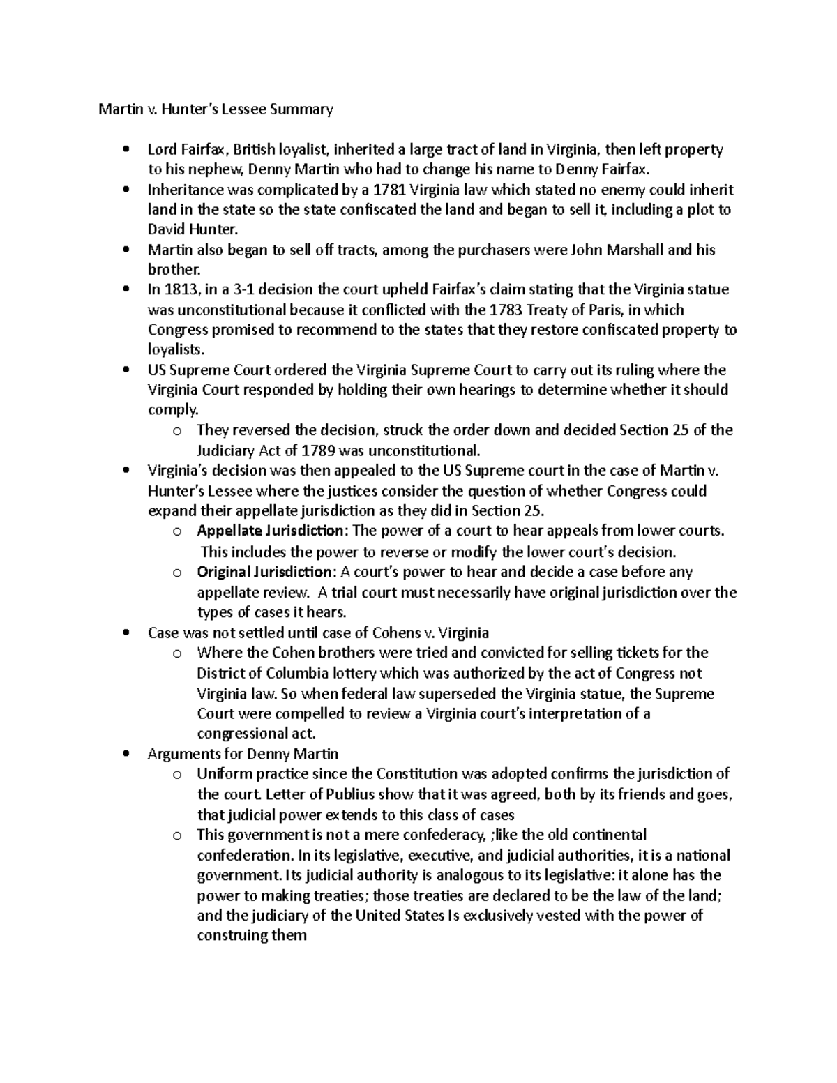 Martin v Hunter's Lessee summary Martin v. Hunter’s Lessee Summary