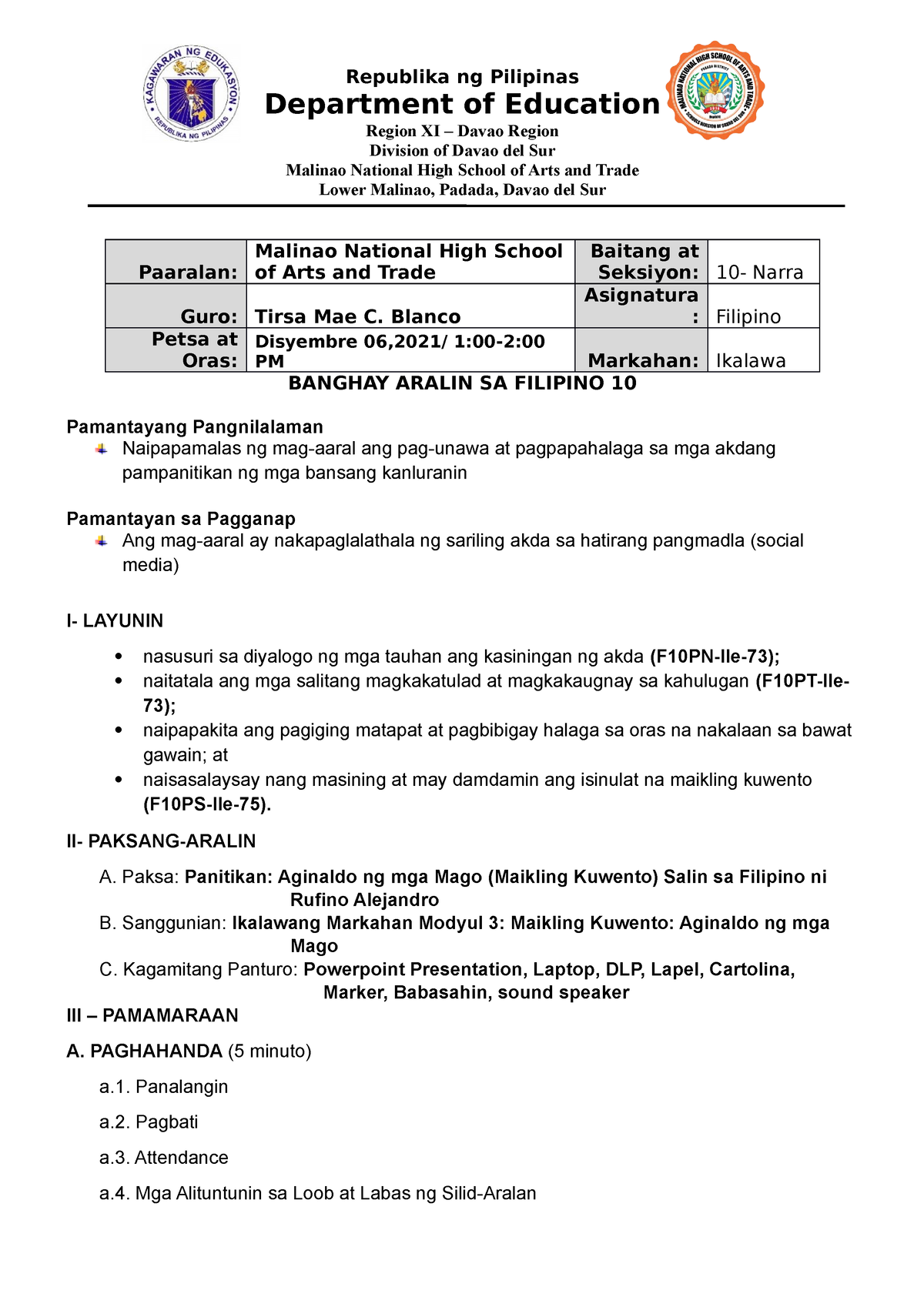 Lesson-PLAN-COT-1-FIL10 - Final - Republika Ng Pilipinas Department Of ...