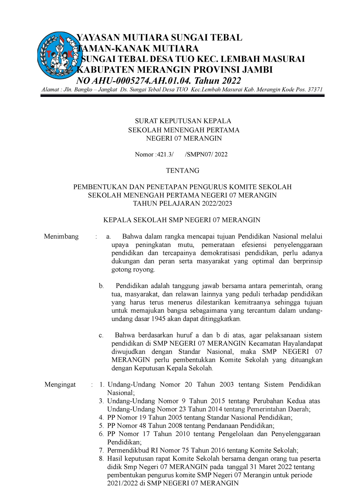 2. Contoh SK Komite Sekolah - Copy - YAYASAN MUTIARA SUNGAI TEBAL TAMAN ...