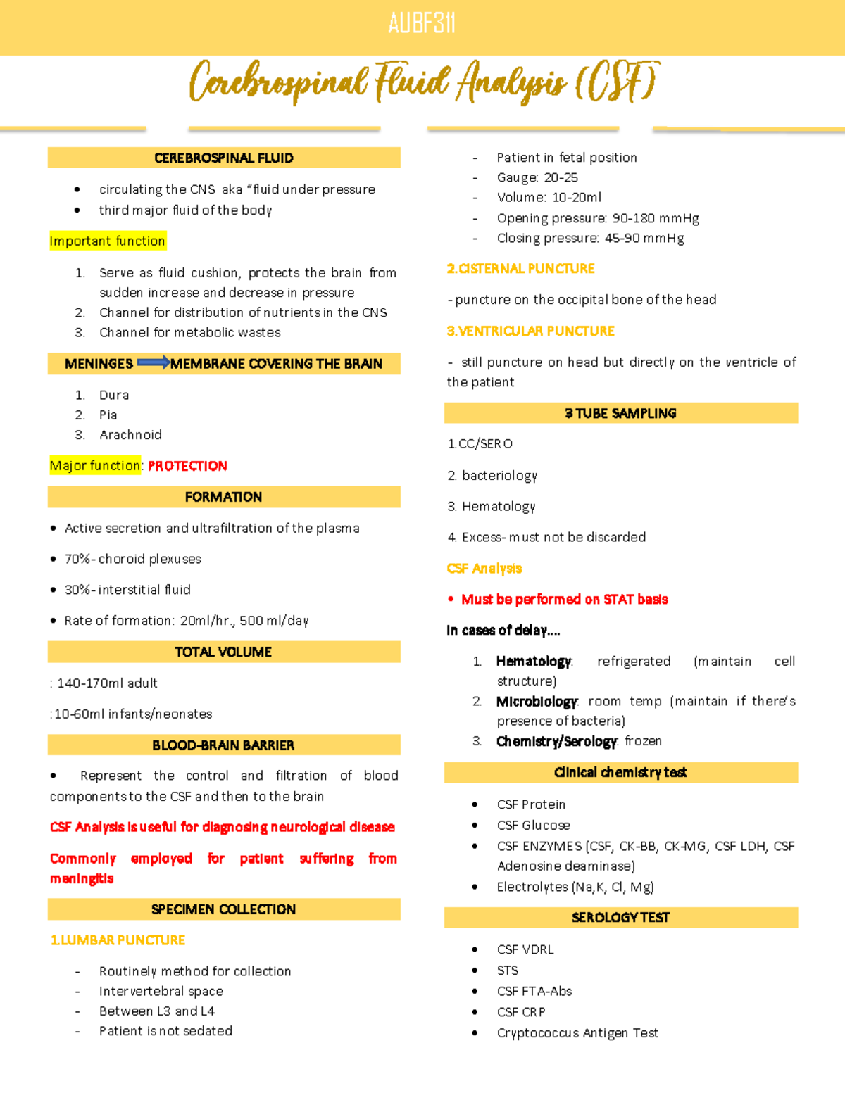 AUBF CSF (LEC) - notes - Cerebrospinal Fluid Analysis (CSF ...
