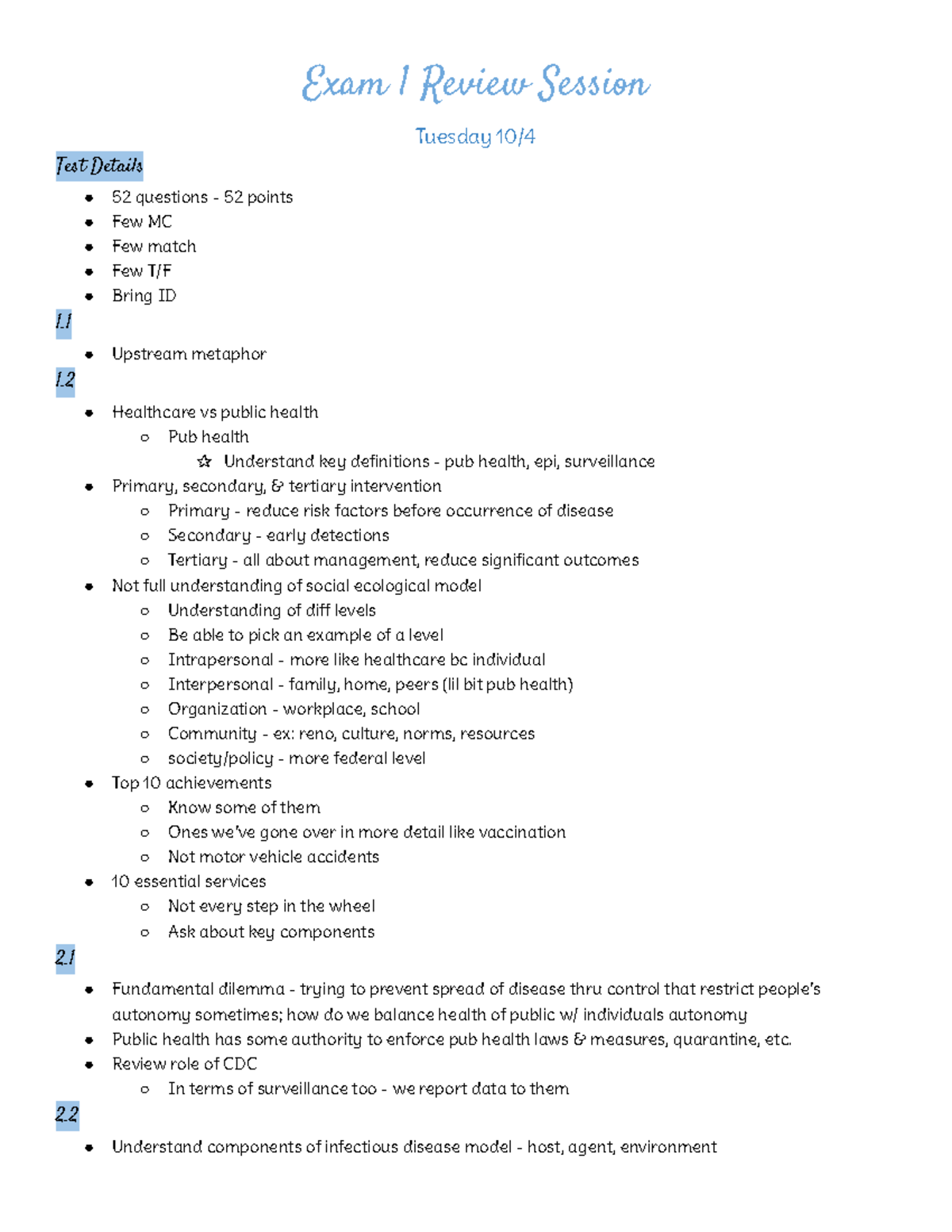 Exam 1 Review Session Lecture Notes - Exam 1 Review Session Tuesday 10 ...