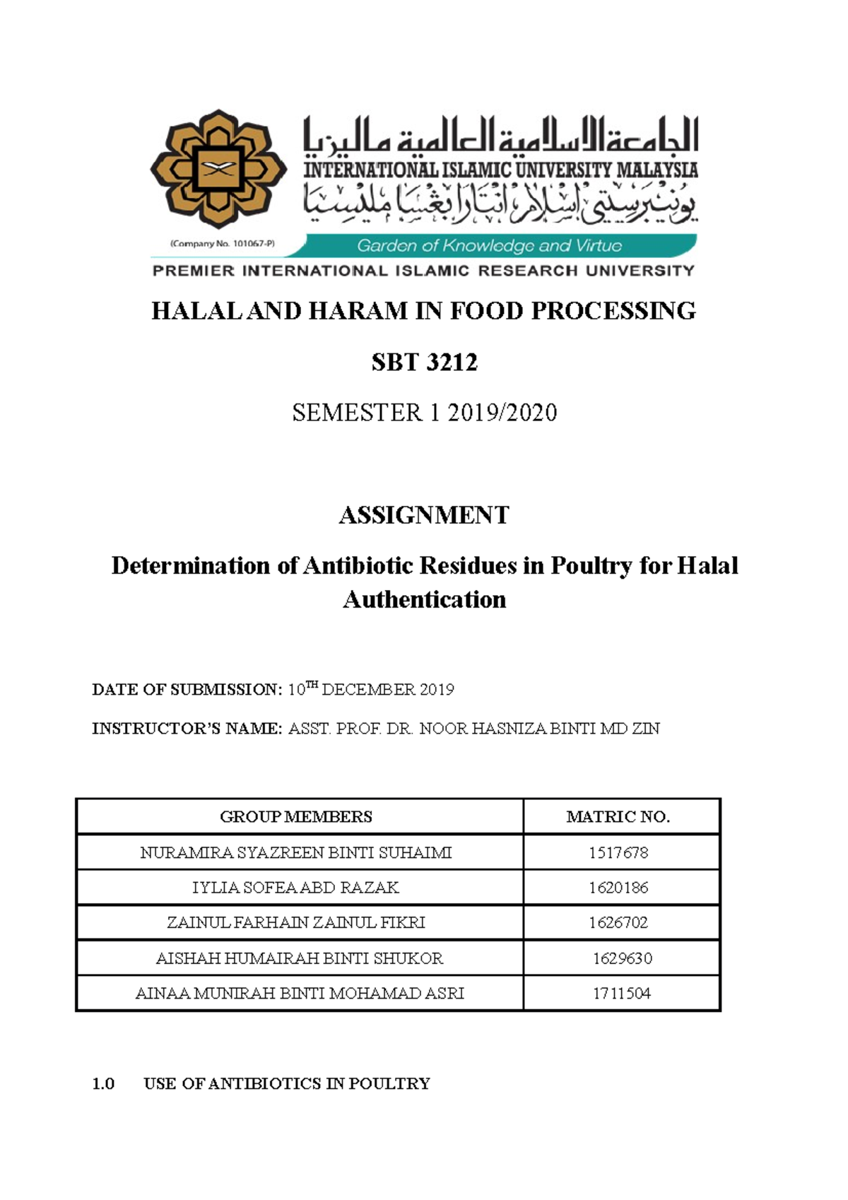 Antibiotics in Poultry HALAL AND HARAM IN FOOD PROCESSING SBT 3212