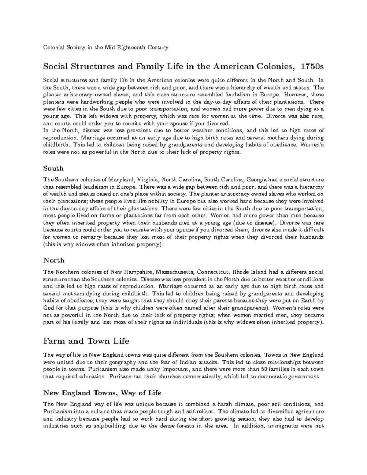 US History, Chapter 3 - Colonial Society in the Mid-Eighteenth Century ...