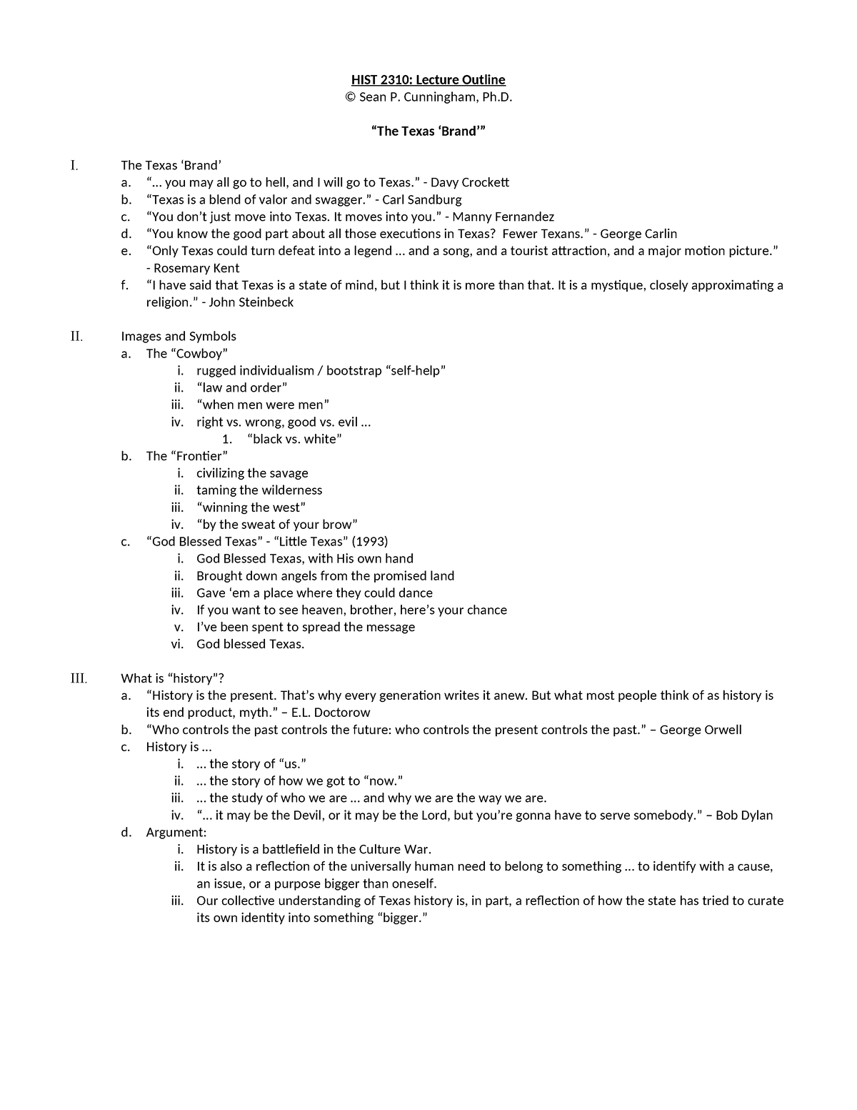 1 - The Texas Brand - first lecture notes for hist 3310 - HIST 2310 ...