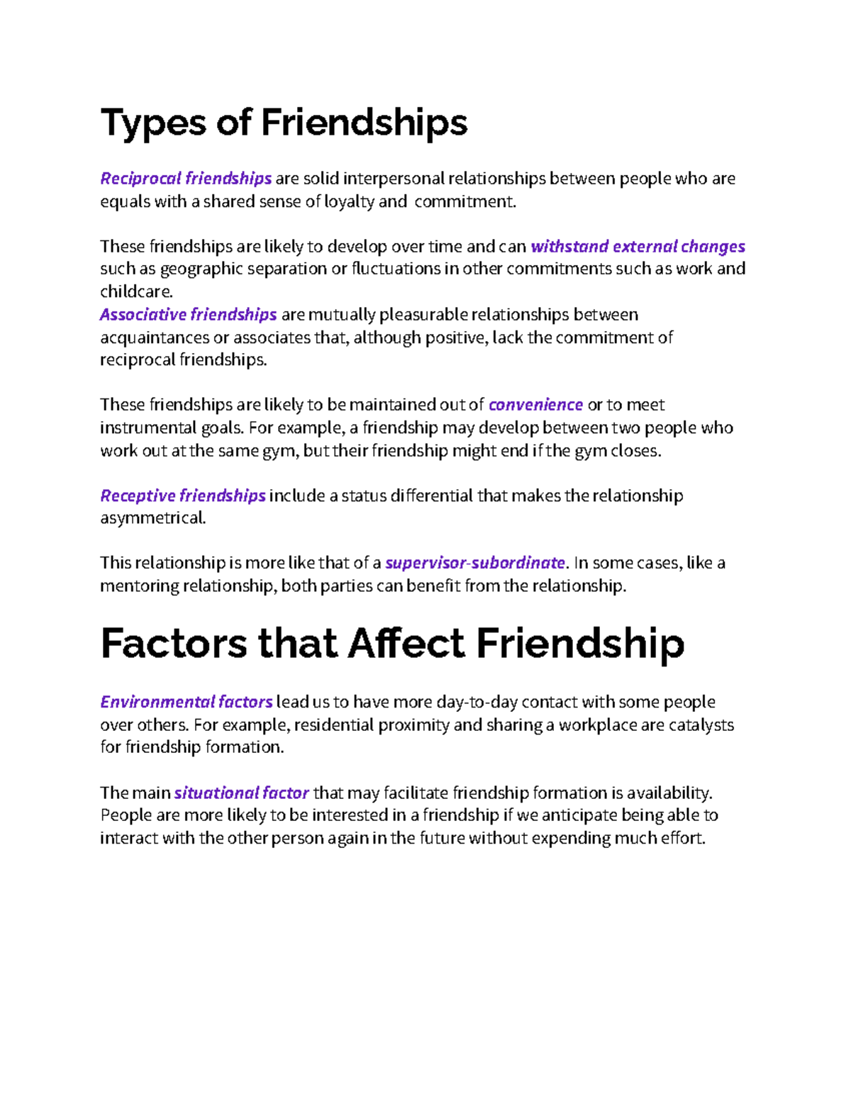 Intro TO COMM EXAM 2 Notes - Types of Friendships Reciprocal ...