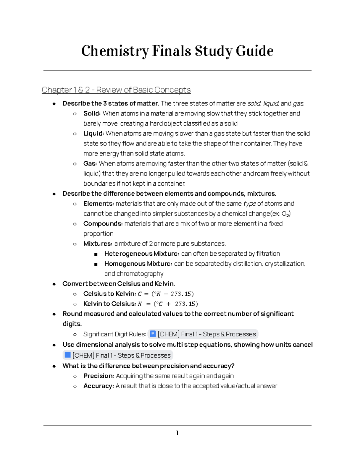 [CHEM] Final 1 Study Guide - Chemistry Finals Study Guide Chapter 1 & 2 ...