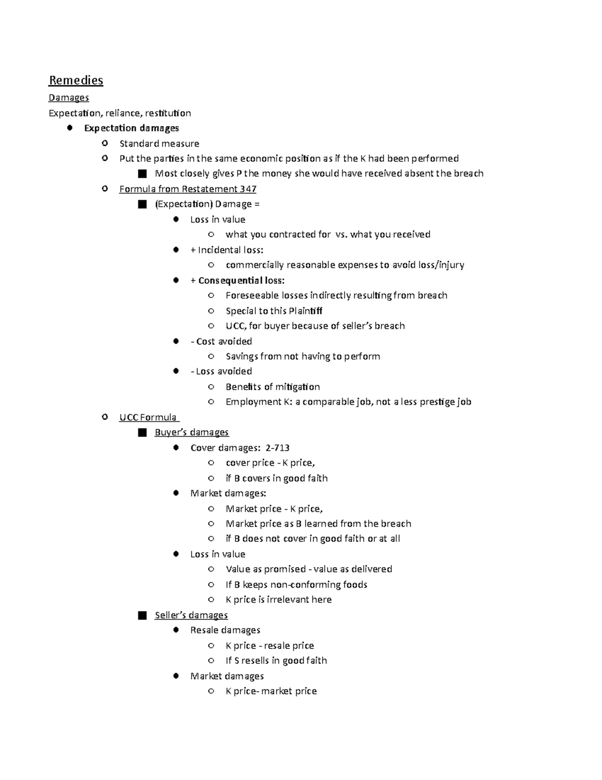 Contracts Final Remedies Damages Expectation, reliance, restitution