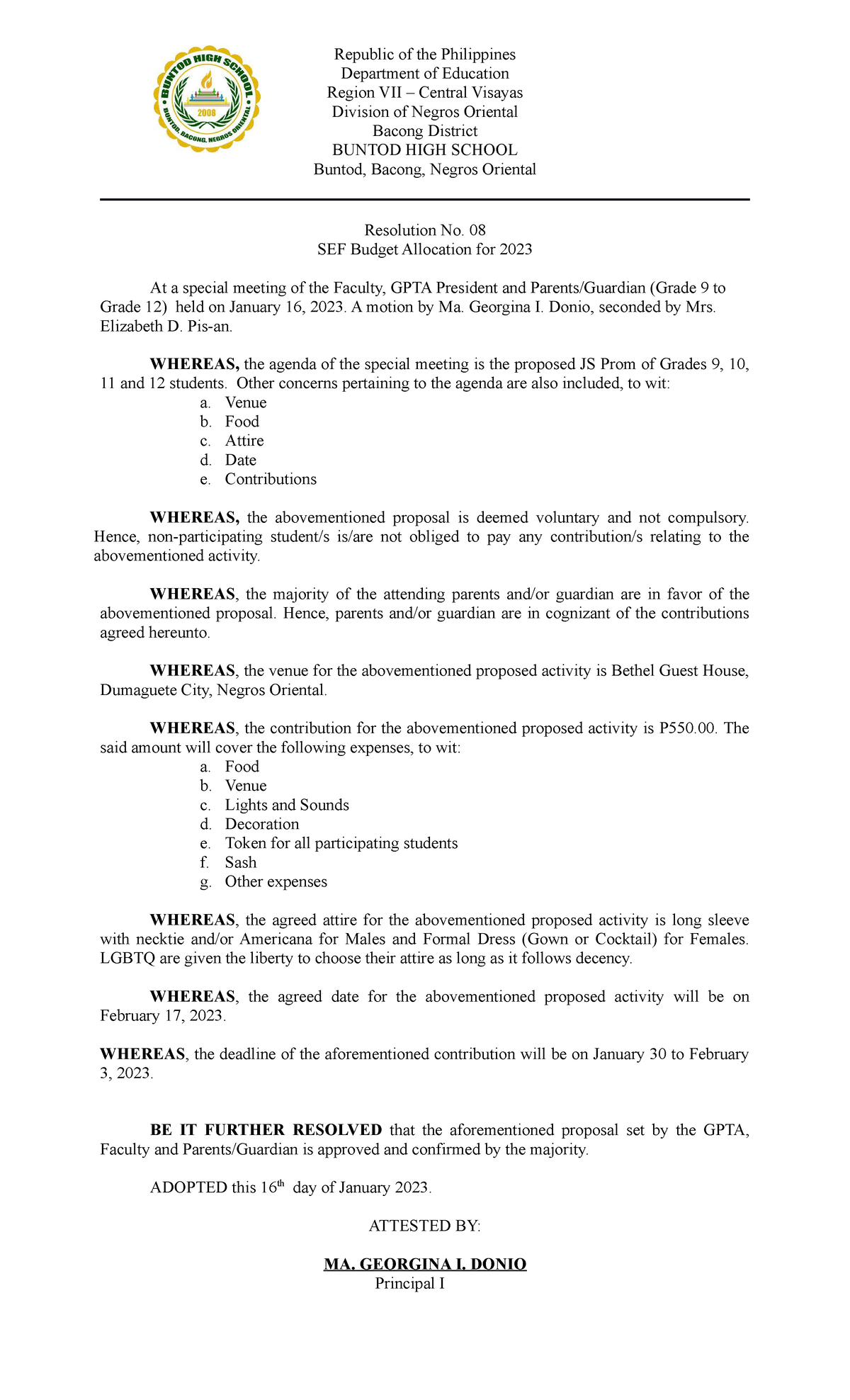 Resolution-FOR THE Proposed JS PROM - Republic of the Philippines ...