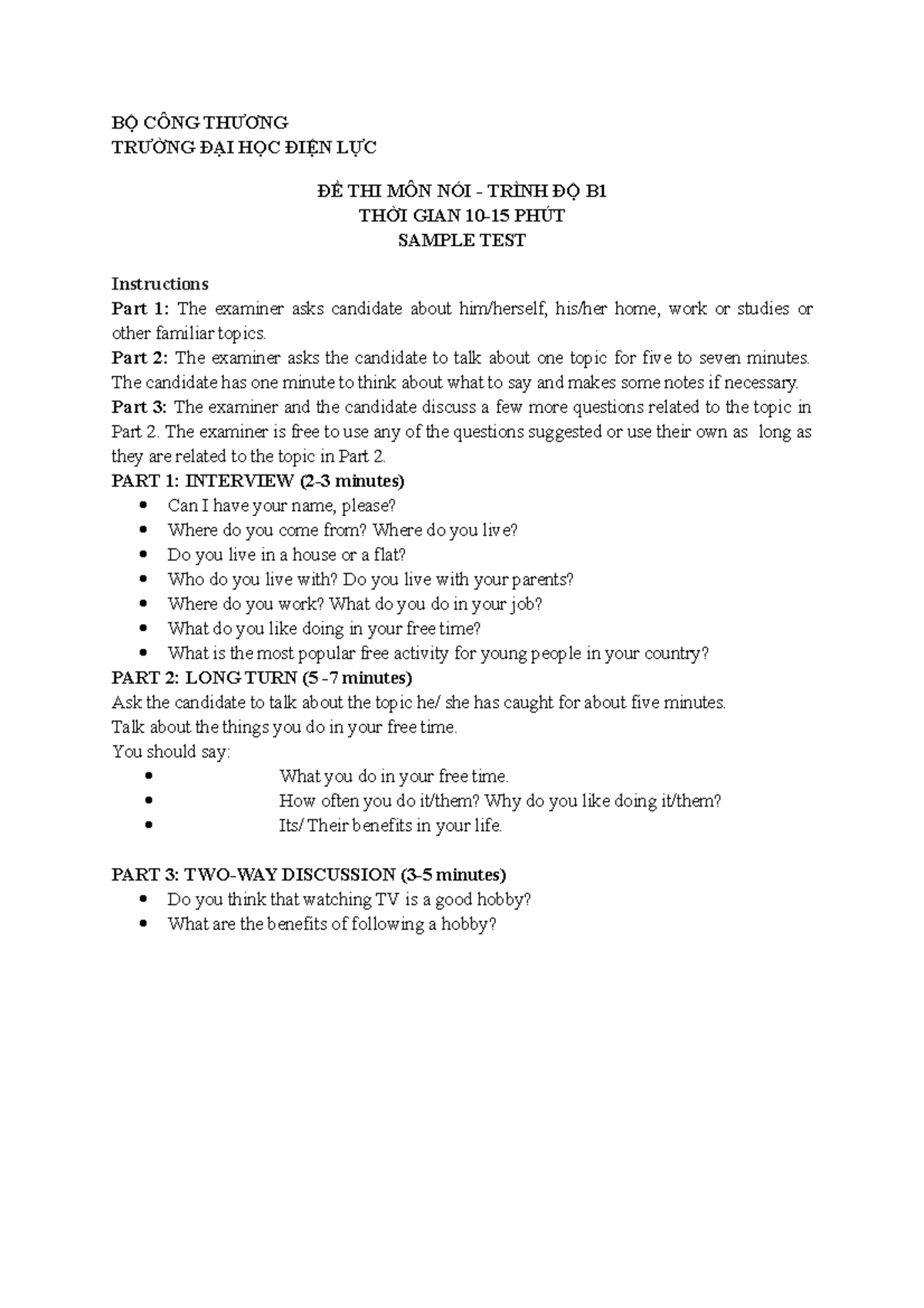 B1 Speaking Sample Test Bá Cã Ng Thæ æ Ng Træ á œng ä ẠI Há œc ä Iá N Lá C ä á Thi B1 Speaking Sample Test Bá Cã Ng Thæ æ Ng Træ á œng ä ẠI Há œc ä Iá N Lá C ä á Thi