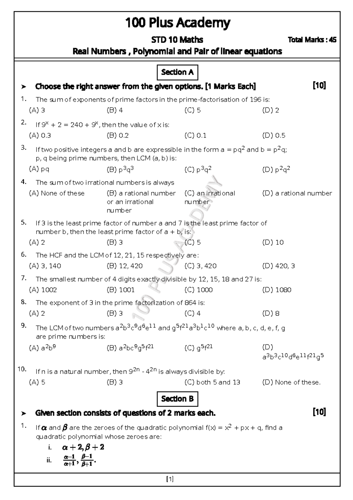 Class 10th Maths test paper 100 PLUS ACADEMY 100 PLUS ACADEMY Choose