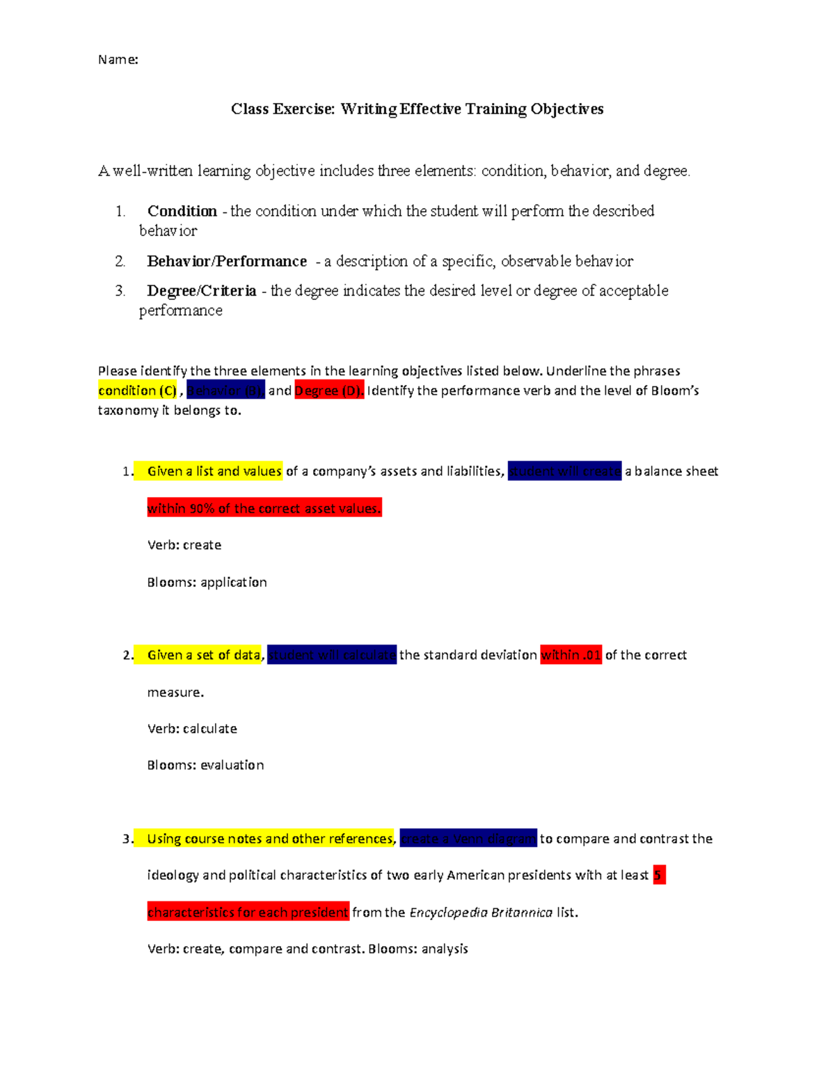 Knowledge Test Training Objective - Name: Class Exercise: Writing ...