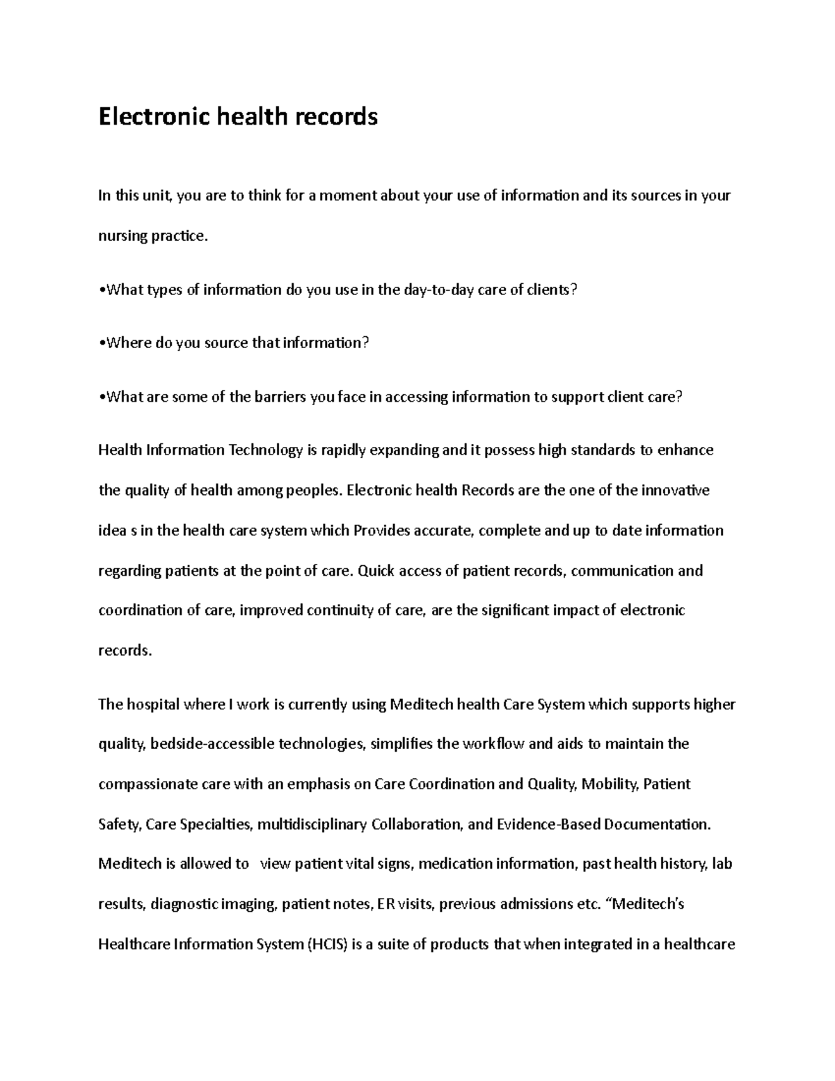 EHR - NOTES - Electronic health records In this unit, you are to think ...