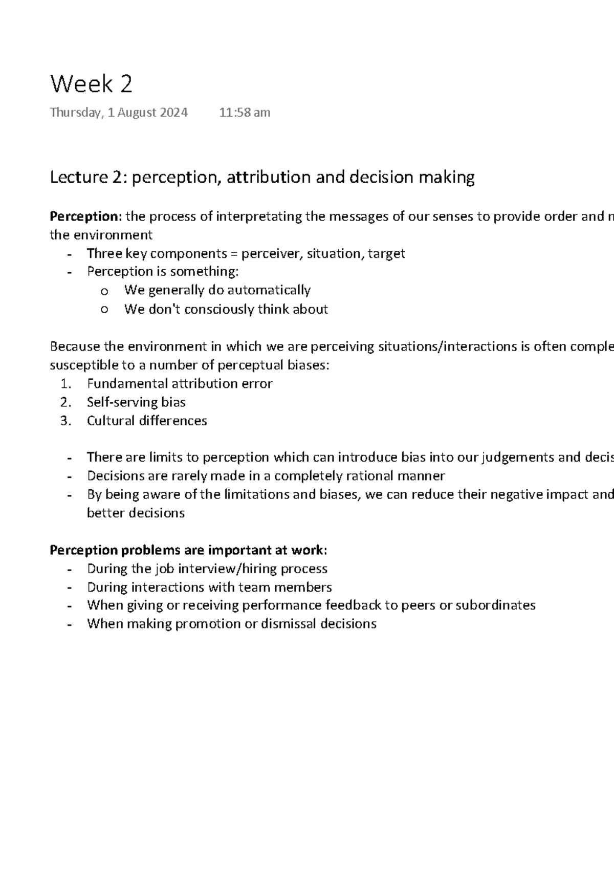 Week 2 - notes - Lecture 2: perception, attribution and decision making ...