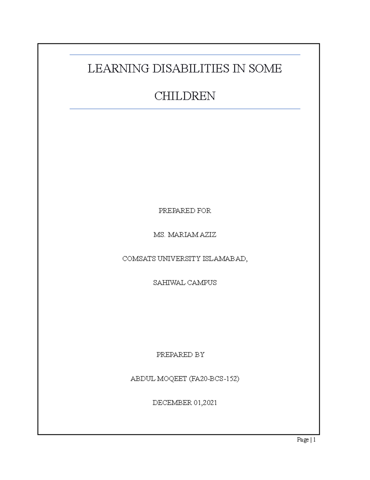 Report Semester Project - LEARNING DISABILITIES IN SOME CHILDREN ...