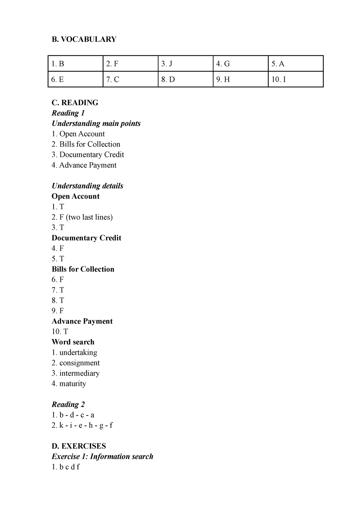 Methods Of Payment - B. VOCABULARY 1. B 2. F 3. J 4. G 5. A 6. E 7. C 8 ...