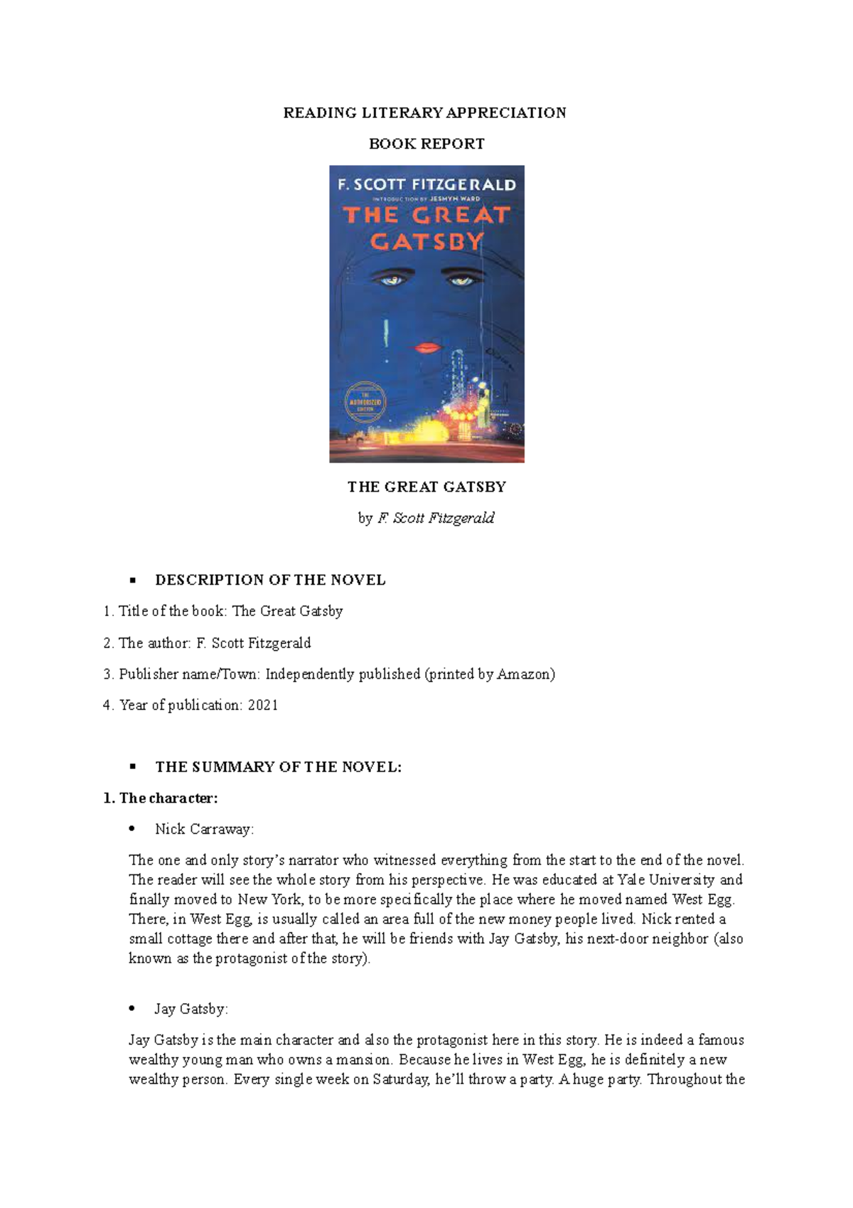 book report for the great gatsby