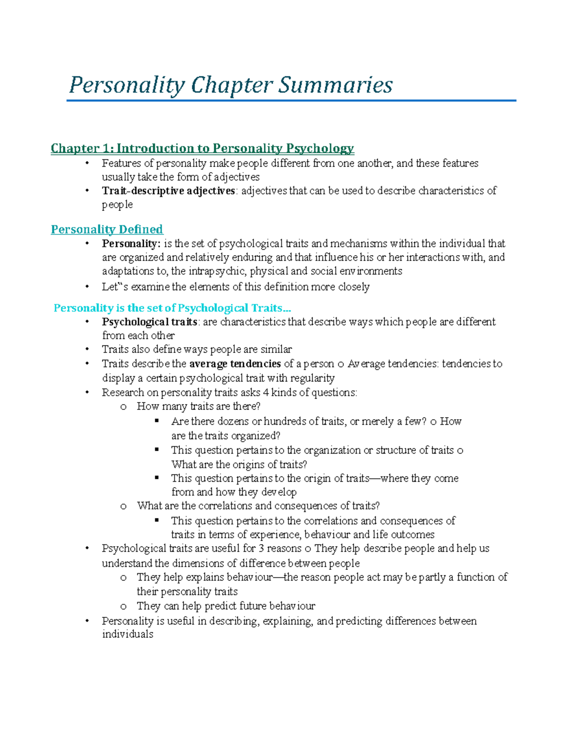 PYSC 2740 Exam Notes - Summary Personality SFW - Personality Chapter ...