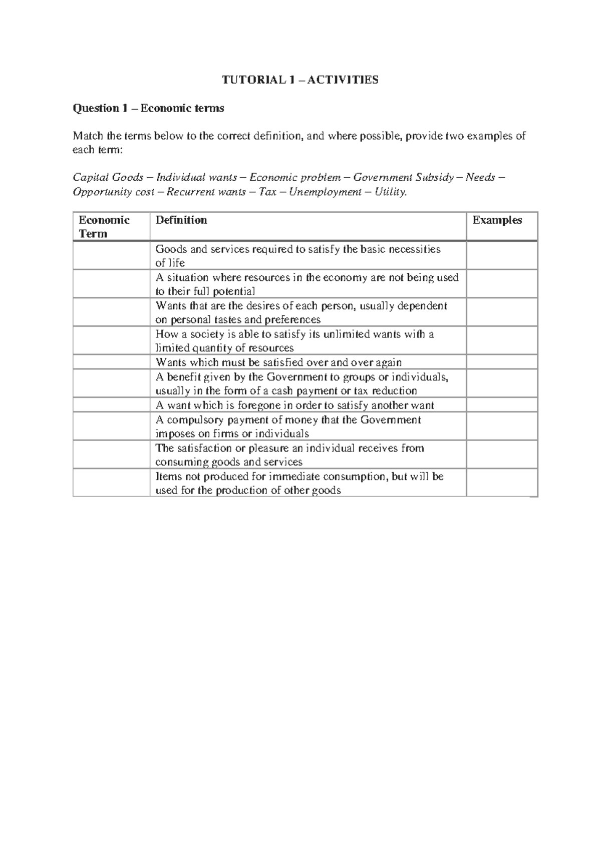 ECON1001 - Workshop 01 (tutorial question) - TUTORIAL 1 – ACTIVITIES ...