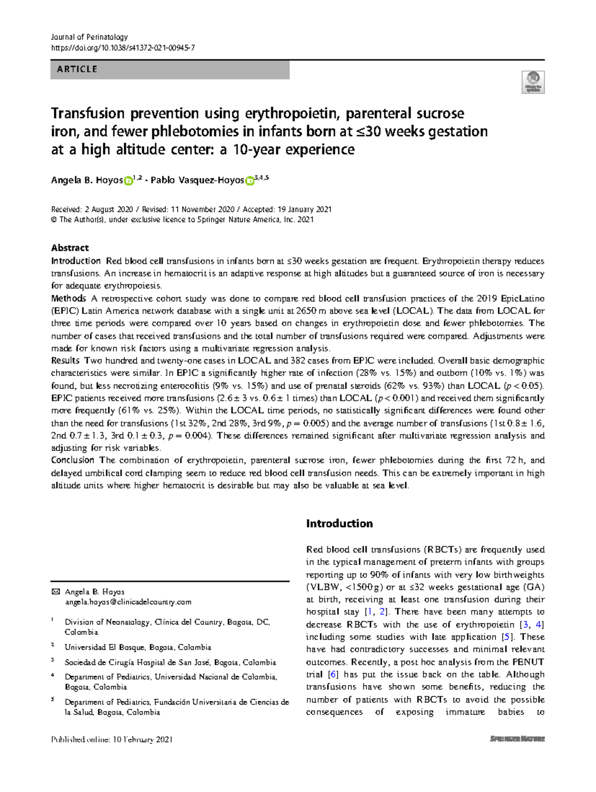 Hoyos 2021 (1) - anemia neonatal - Journal of Perinatology doi/10.1038 ...