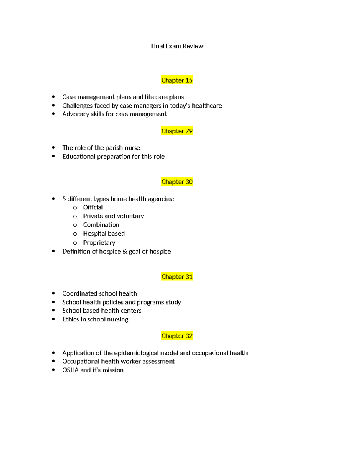 Final Exam Review - Final Exam Review Chapter 15 Case management plans ...