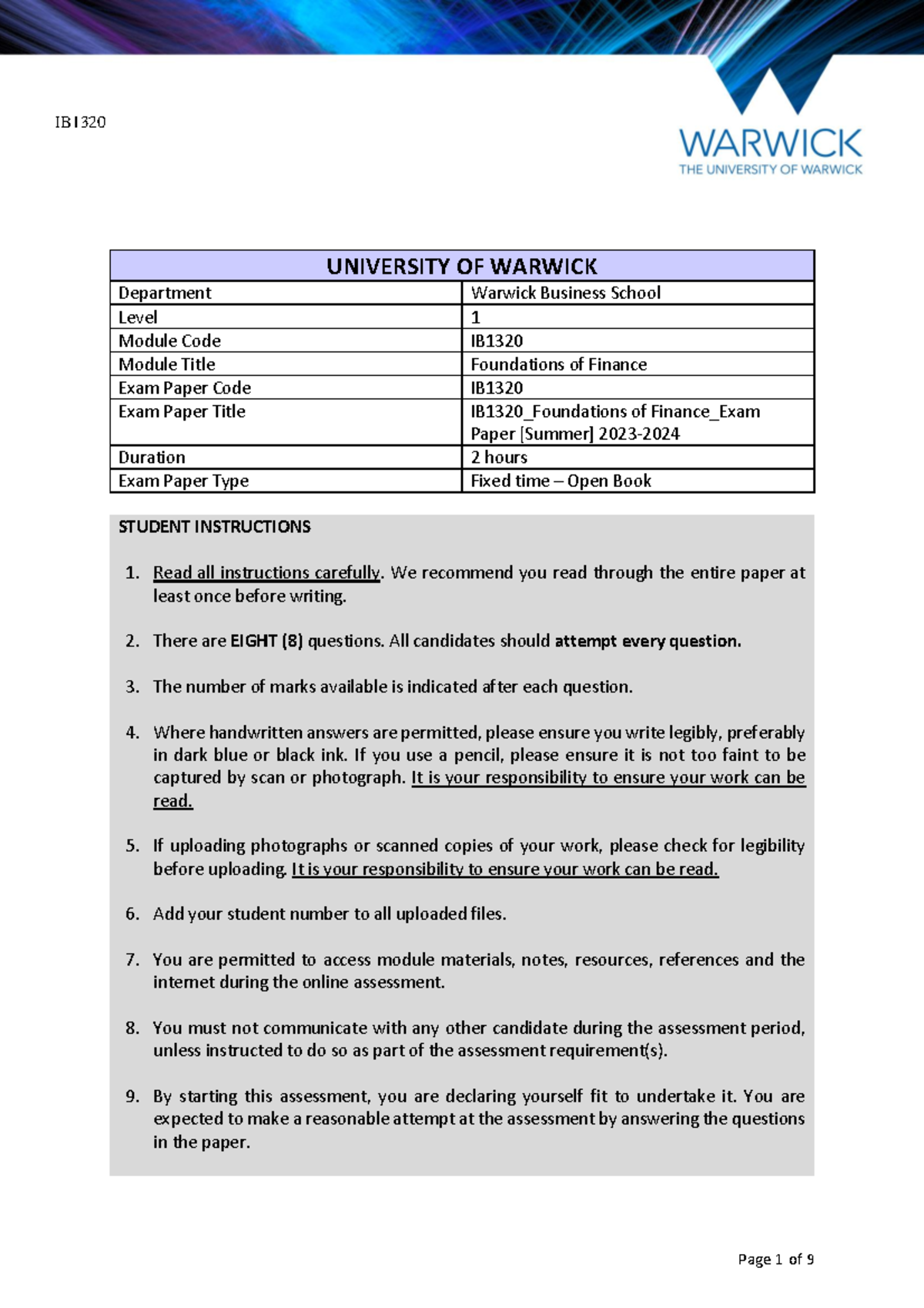 IB132 0 Foundations of Finance Exam Paper Summer 202324 UNIVERSITY