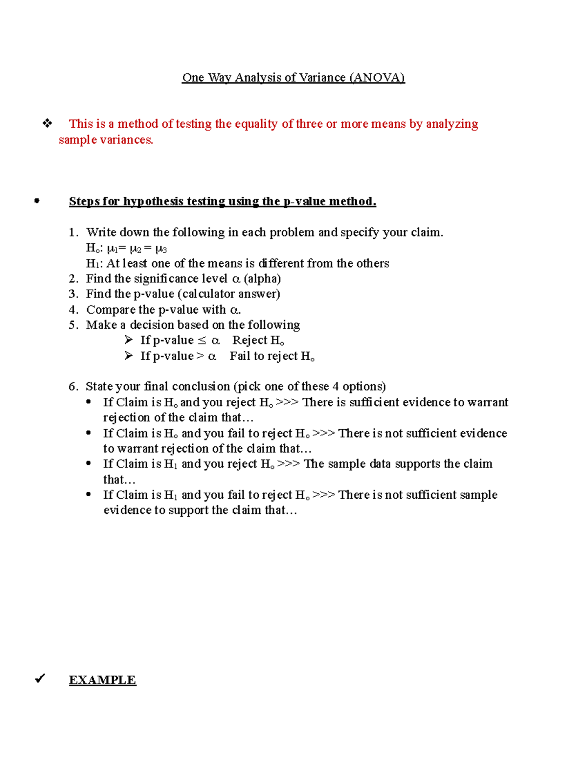 Anova Lesson and Homework - One Way Analysis of Variance (ANOVA) This ...