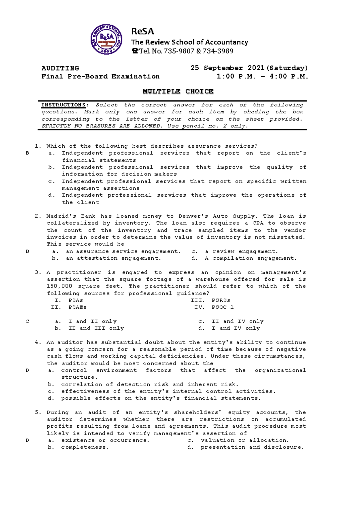 Re SA B42 AUD Final PB Exam Questions Answers Solutions - Accountancy ...