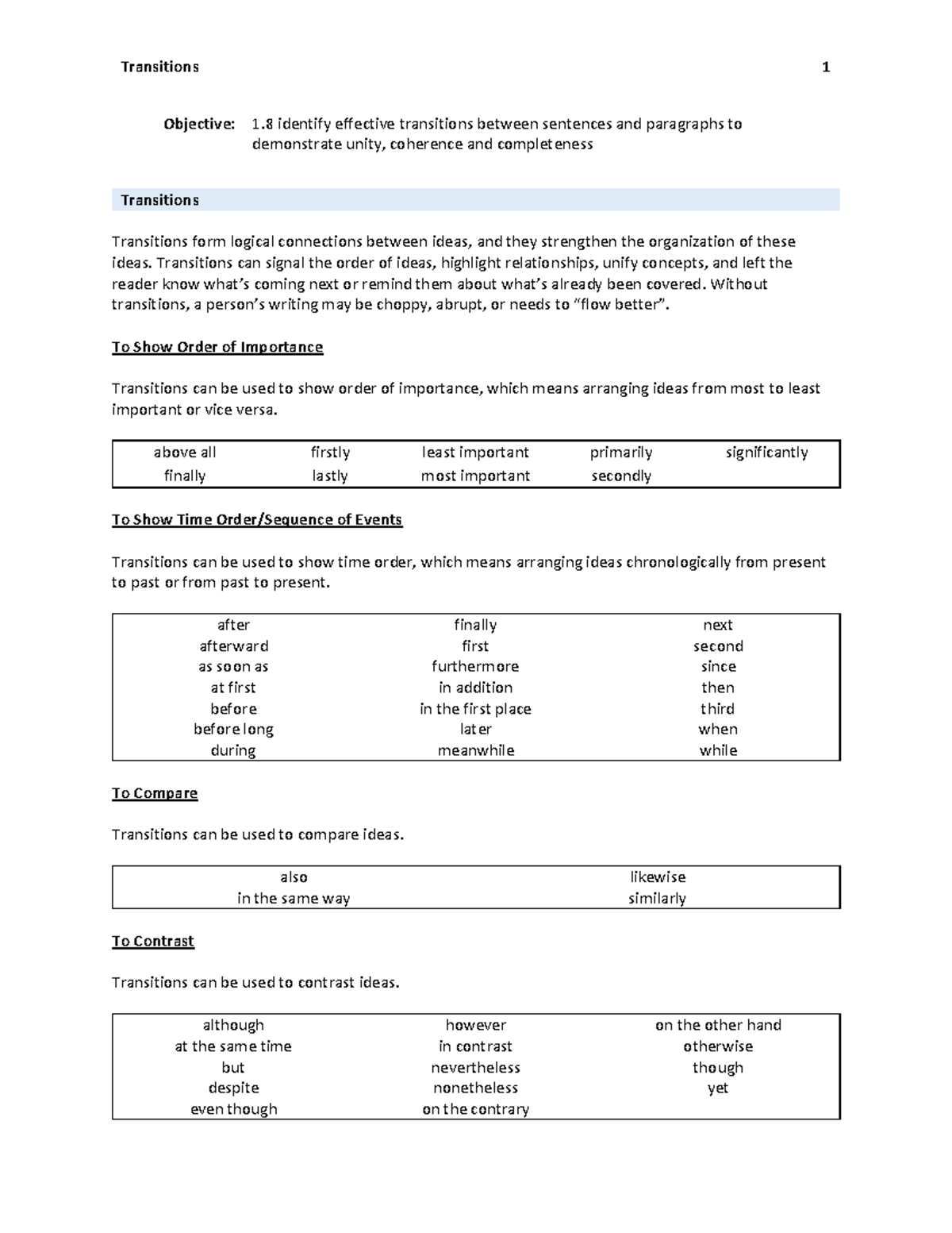 Transitions - good - Transitions 1 Objective: 1 identify effective ...