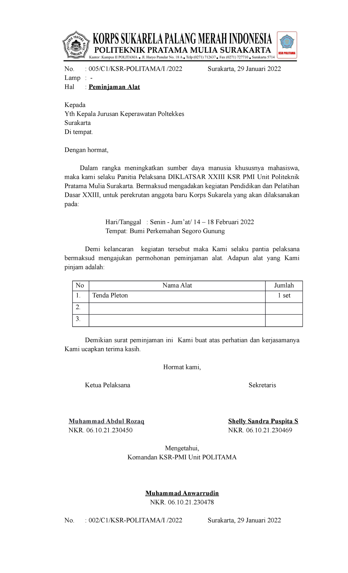 Surat Peminjaman Alat No 005c1ksr Politamai 2022 Surakarta 29