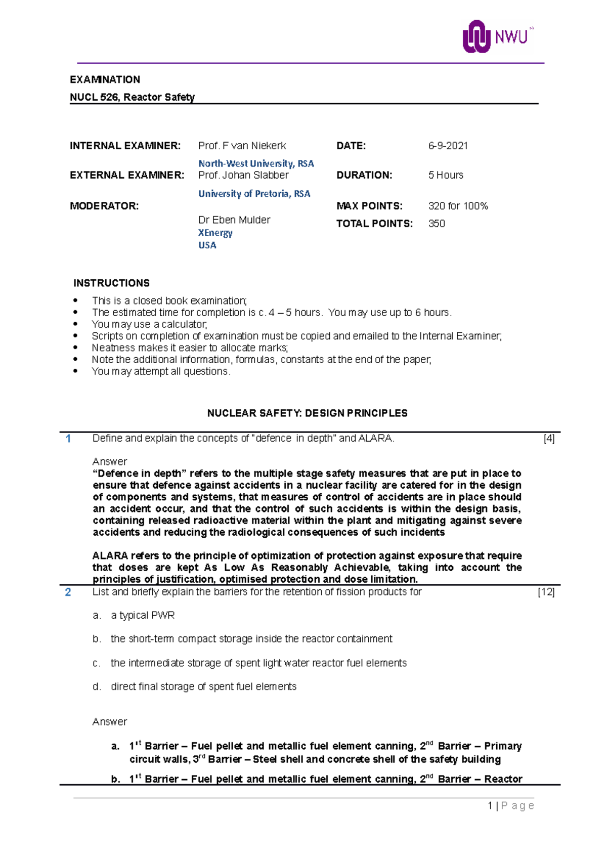 NUCL 526 Examination 6 September 2021 - EXAMINATION NUCL 526, Reactor ...
